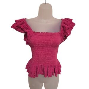 House of Harlow Smocked Eyelet‎ Top Ruffle Flutter Sleeve Pink S